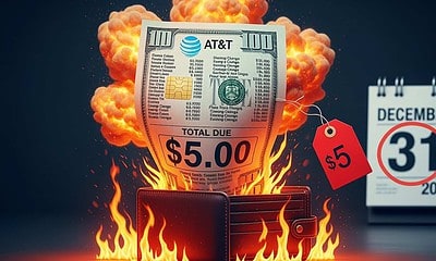 Burning bill with $5 total due on a smartphone wallet, with flyaway flames, a red price tag, and a December 31, 2025 calendar in the background, highlighting financial crisis and urgent payment issues.