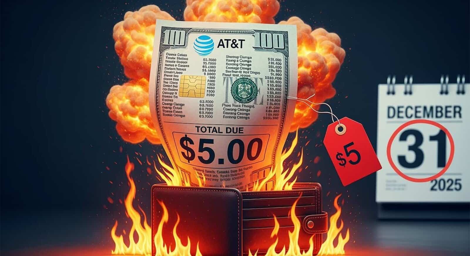 Burning bill with $5 total due on a smartphone wallet, with flyaway flames, a red price tag, and a December 31, 2025 calendar in the background, highlighting financial crisis and urgent payment issues.
