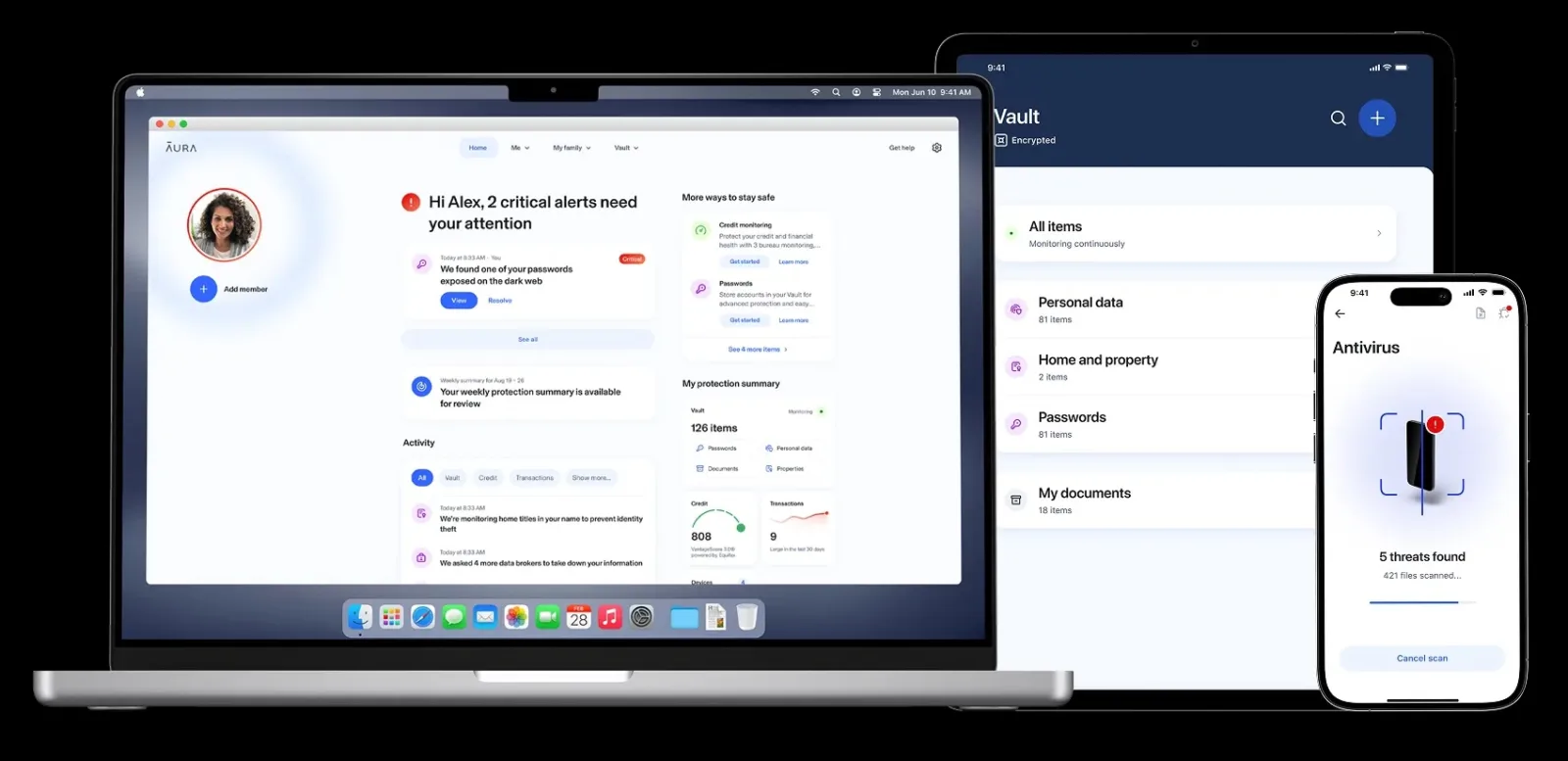 Cybersecurity and data protection software interfaces on various devices displaying alerts, passwords, and threat scans for enhanced digital security.