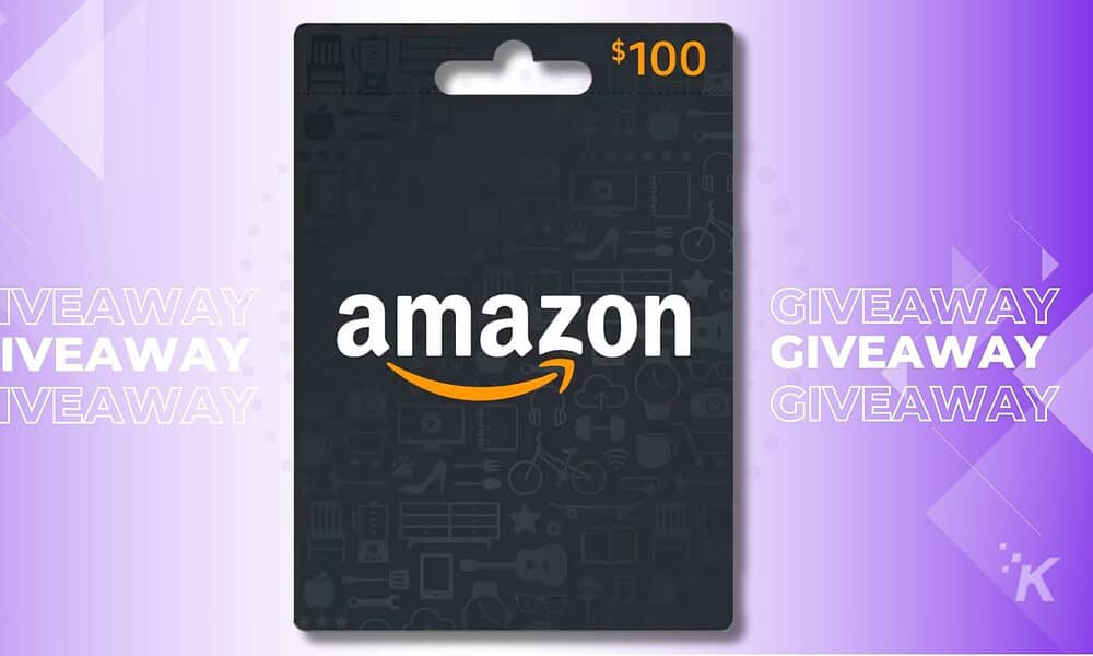 $100 Amazon gift card giveaway with purple background and "GIVEAWAY" text overlay. Enter to win by participating in the online contest or promotion hosted by KnowTechie.