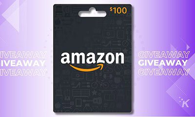$100 Amazon gift card giveaway with purple background and "GIVEAWAY" text overlay. Enter to win by participating in the online contest or promotion hosted by KnowTechie.