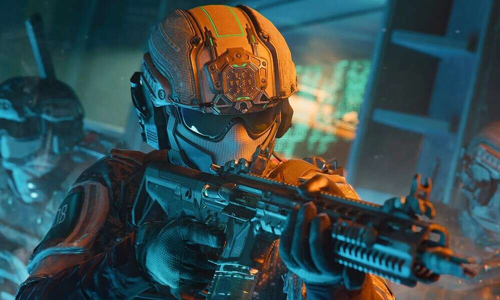High-tech soldier in futuristic armor aiming a gun in a sci-fi environment with neon lights and digital displays.