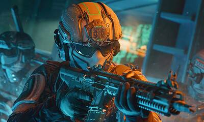 High-tech soldier in futuristic armor aiming a gun in a sci-fi environment with neon lights and digital displays.