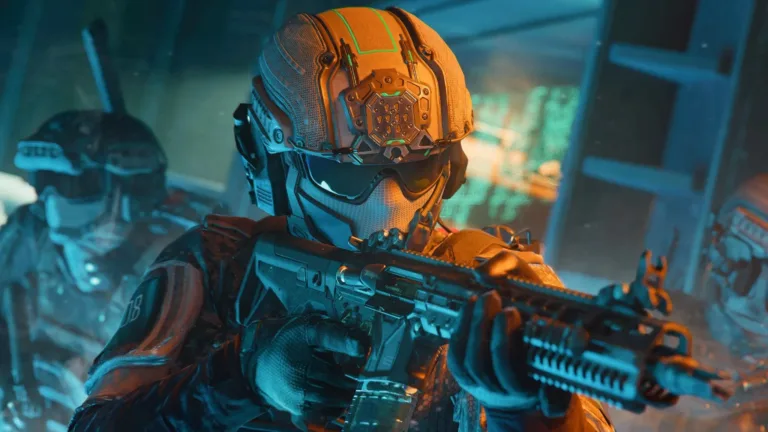 High-tech soldier in futuristic armor aiming a gun in a sci-fi environment with neon lights and digital displays.