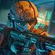 High-tech soldier in futuristic armor aiming a gun in a sci-fi environment with neon lights and digital displays.