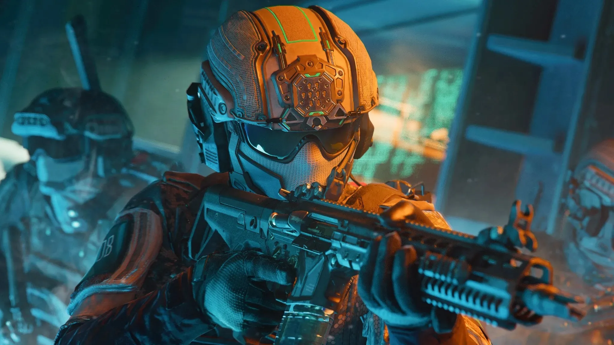 High-tech soldier in futuristic armor aiming a gun in a sci-fi environment with neon lights and digital displays.
