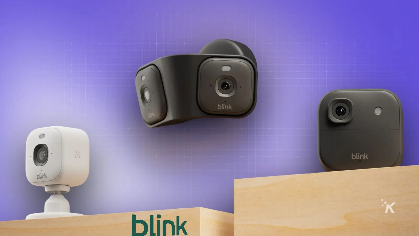 Miniature smart cameras mounted on a wooden shelf, showcasing innovative home security devices from Blink; various models are displayed against a purple gradient background.
