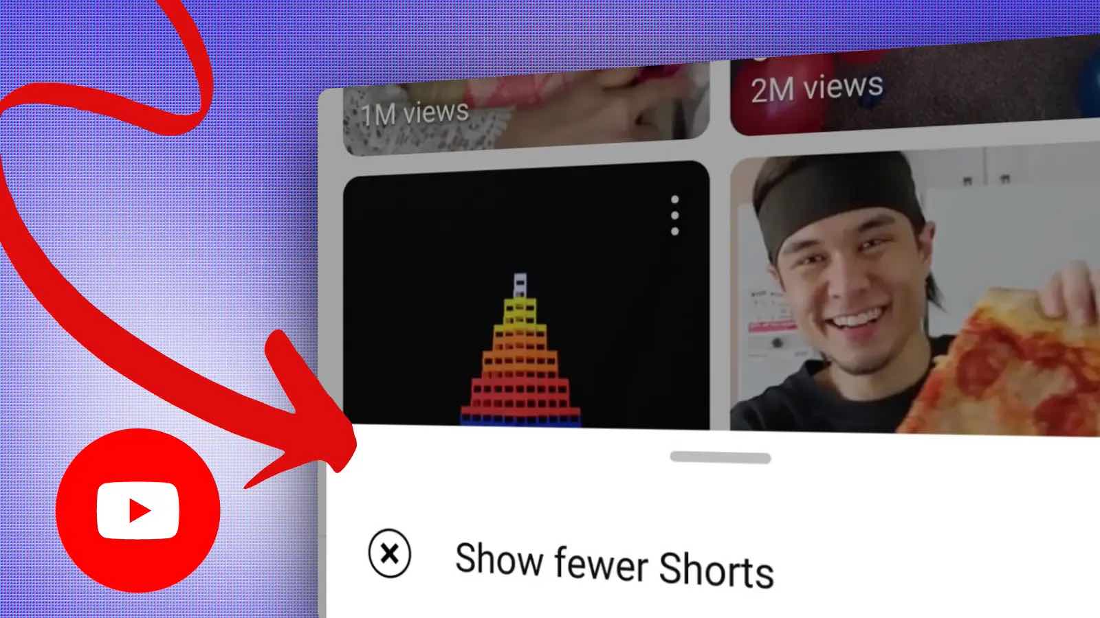 Red YouTube icon on a mobile device screen, with a video thumbnail and "Show fewer Shorts" option visible.
