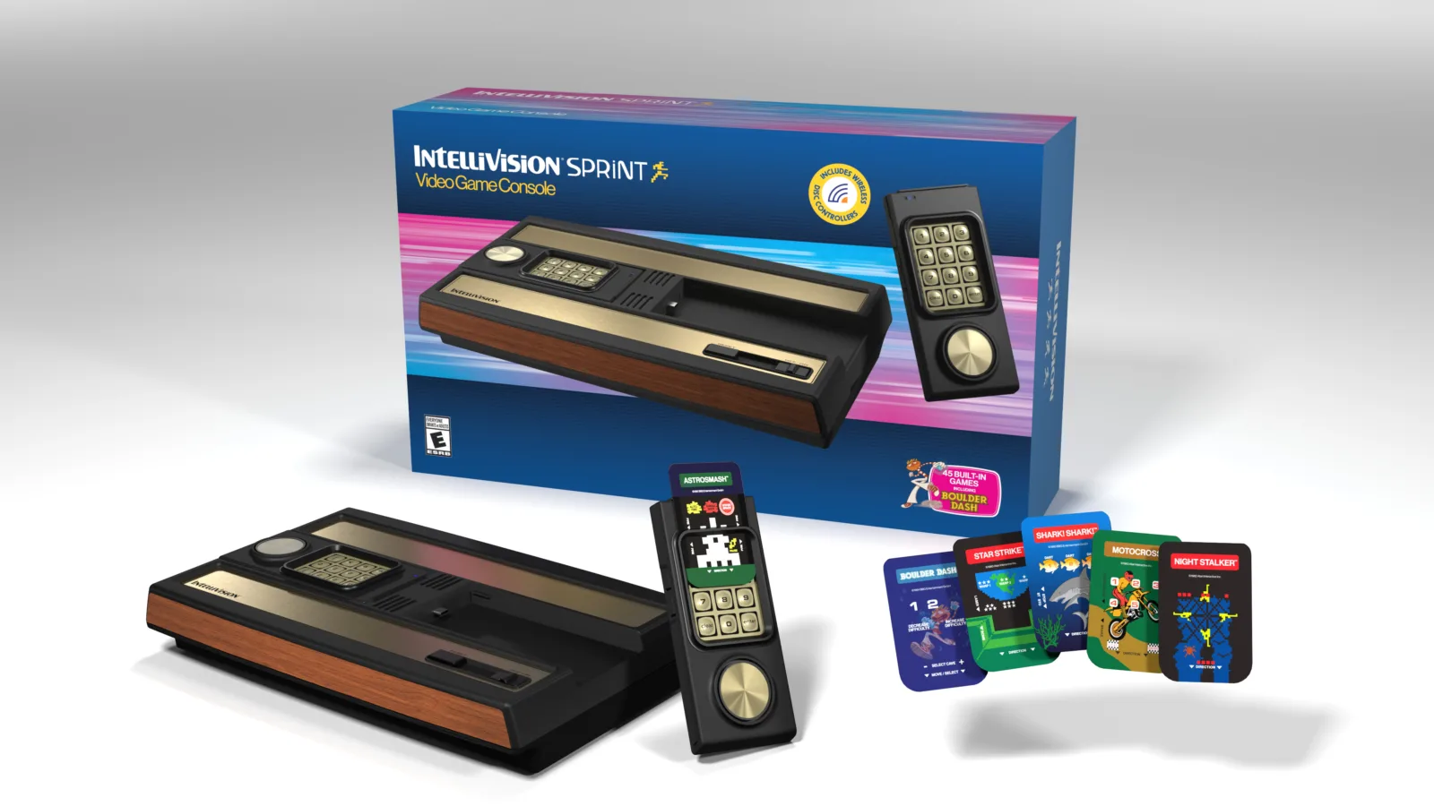 Intellivision Sprint gaming console with several game cards.