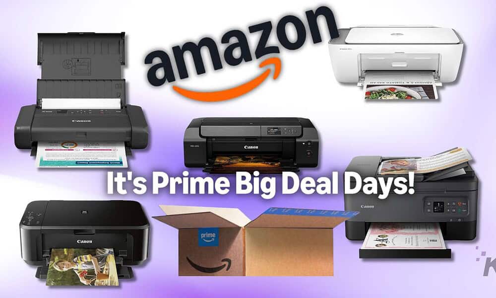 High-quality photo of various Canon printers and an Amazon Prime box promoting printer deals during Prime Big Deal Days.
