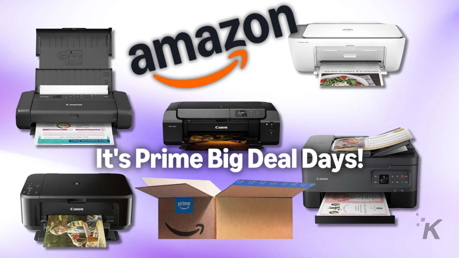 High-quality photo of various Canon printers and an Amazon Prime box promoting printer deals during Prime Big Deal Days.