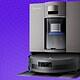 High-tech home cleaning robot with advanced navigation and AI capabilities, sleek gray design on purple digital background.