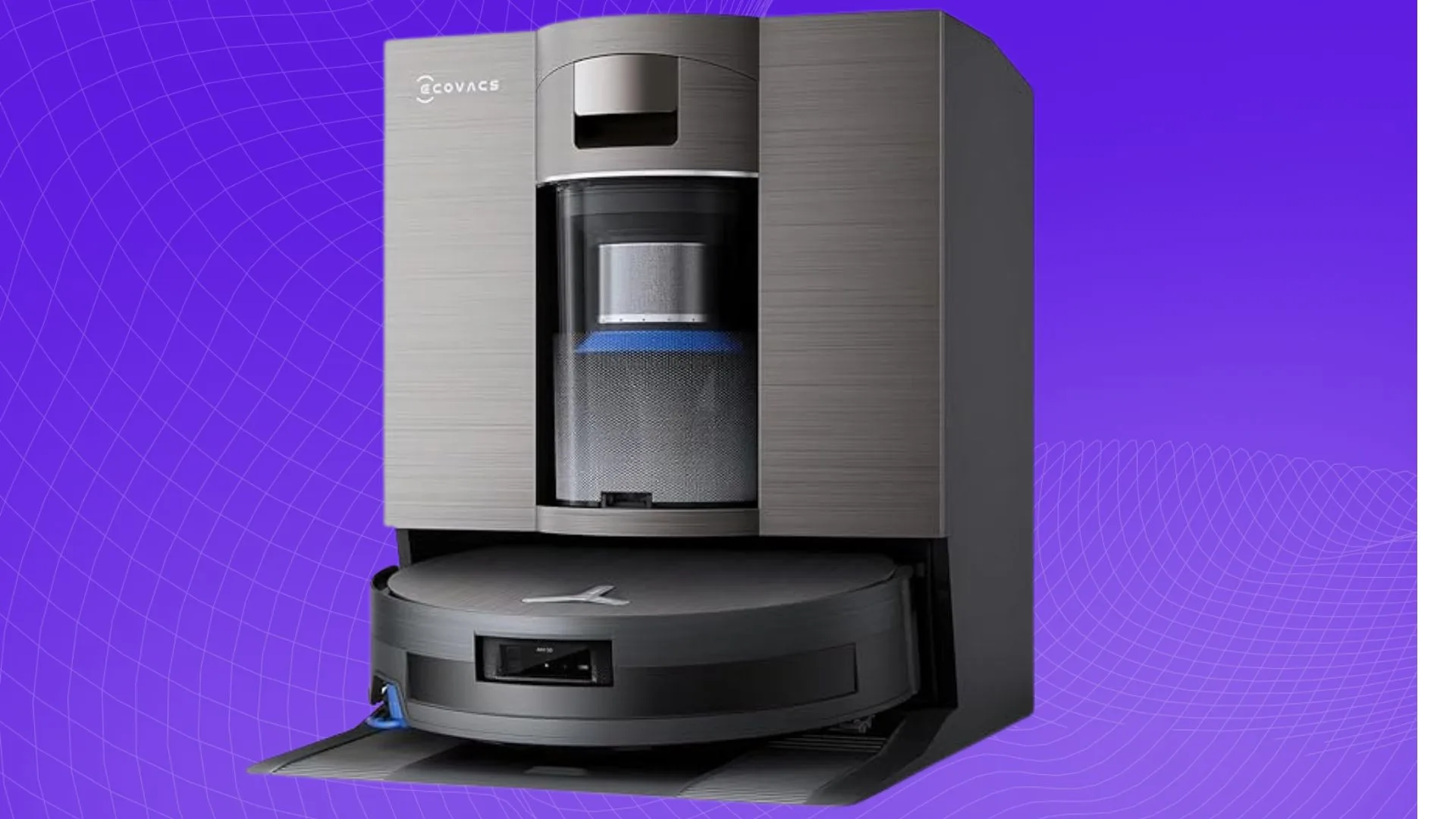 High-tech home cleaning robot with advanced navigation and AI capabilities, sleek gray design on purple digital background.