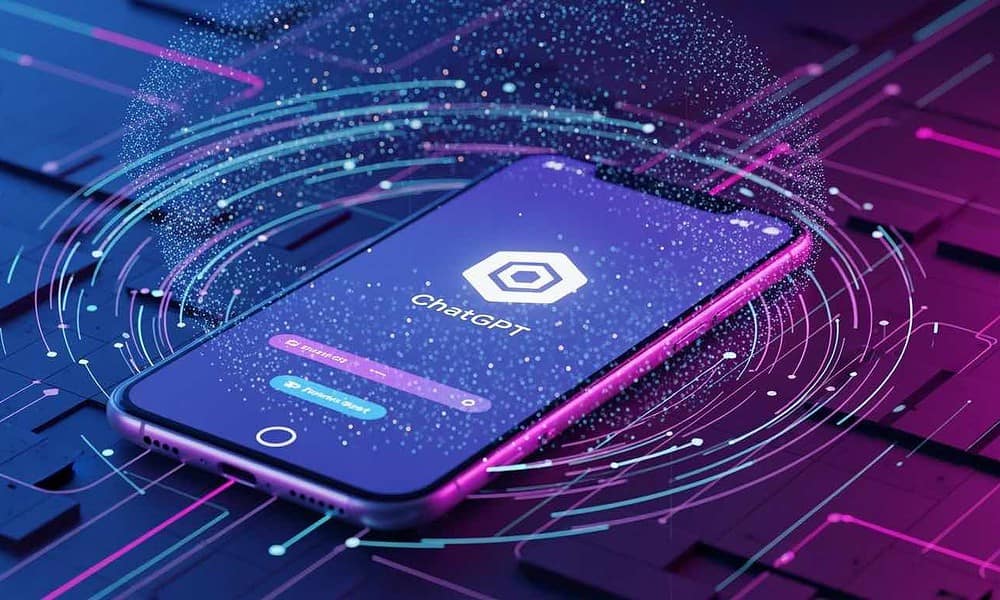 AI-powered chatbot technology on smartphone screen, featuring ChatGPT logo, in a futuristic digital network setting, emphasizing AI-driven communication and advanced tech solutions.