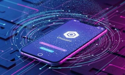 AI-powered chatbot technology on smartphone screen, featuring ChatGPT logo, in a futuristic digital network setting, emphasizing AI-driven communication and advanced tech solutions.