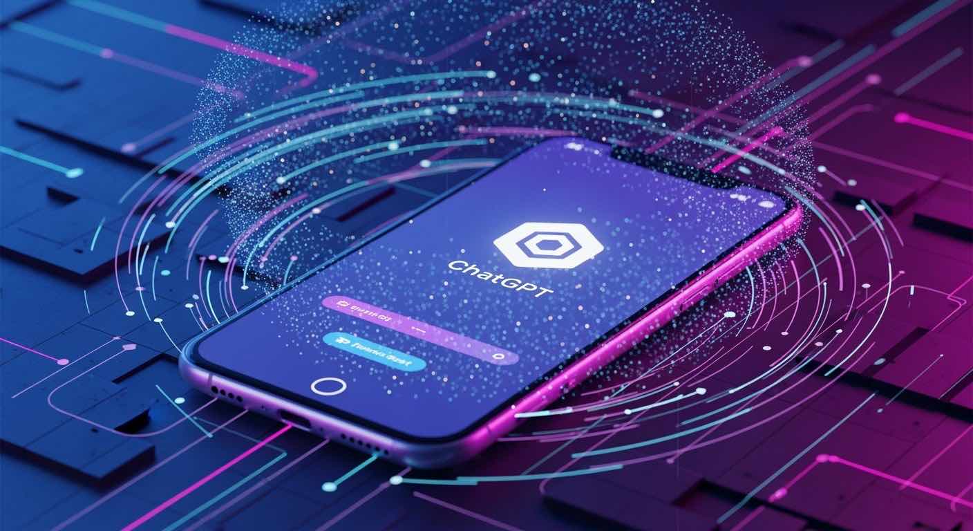 AI-powered chatbot technology on smartphone screen, featuring ChatGPT logo, in a futuristic digital network setting, emphasizing AI-driven communication and advanced tech solutions.