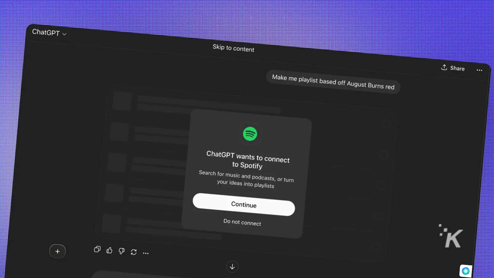 Spotify app connecting prompt with ChatGPT integration on dark themed screen.