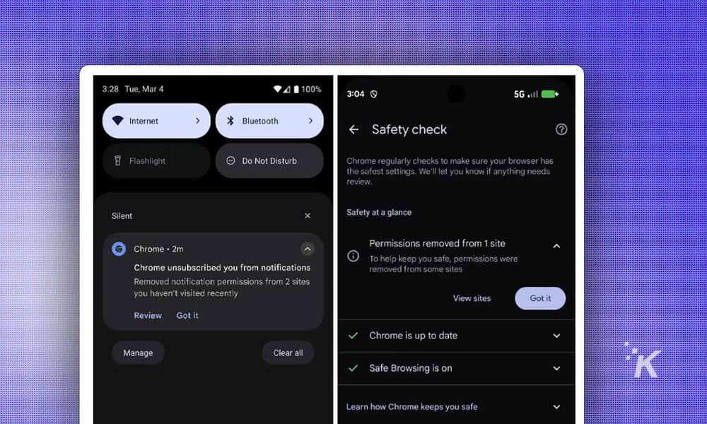 Alternate text: Smartphone screen displaying Wi-Fi, Bluetooth, and security check notifications in dark mode.