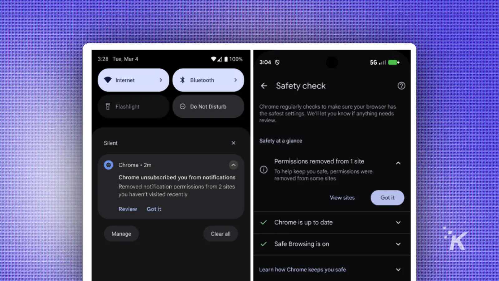Alternate text: Smartphone screen displaying Wi-Fi, Bluetooth, and security check notifications in dark mode.