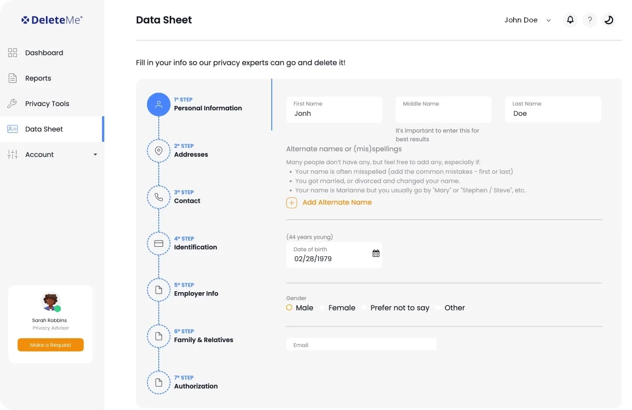 DeleteMe personal information data sheet interface.