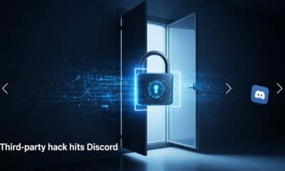 Cybersecurity, digital lock, data protection, hacking threat, cybersecurity concept, online safety, cyber attack awareness, technology security, digital security, cyber world, data security for gaming platforms, digital privacy protection, online platform security, cyber attack prevention, third-party security breach, Discord security threat, cyber threat to online communities, cybersecurity news.