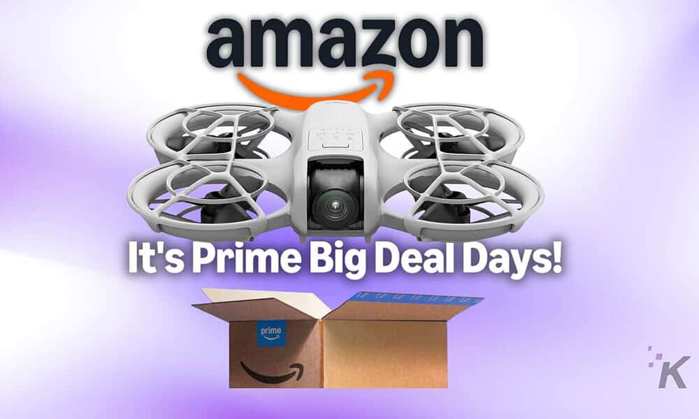 Drone with camera and Amazon Prime Big Deal Days packaging promoting tech deals and discounts.