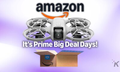 Drone with camera and Amazon Prime Big Deal Days packaging promoting tech deals and discounts.