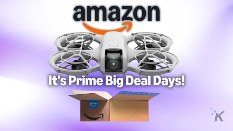 Drone with camera and Amazon Prime Big Deal Days packaging promoting tech deals and discounts.