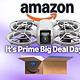 Drone with camera and Amazon Prime Big Deal Days packaging promoting tech deals and discounts.