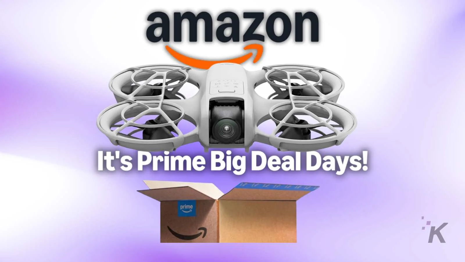 Drone with camera and Amazon Prime Big Deal Days packaging promoting tech deals and discounts.