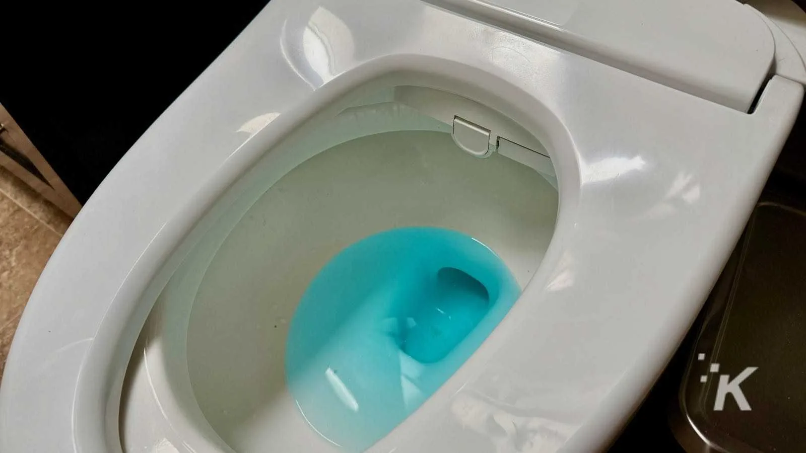 Toilet bowl with blue cleaning solution