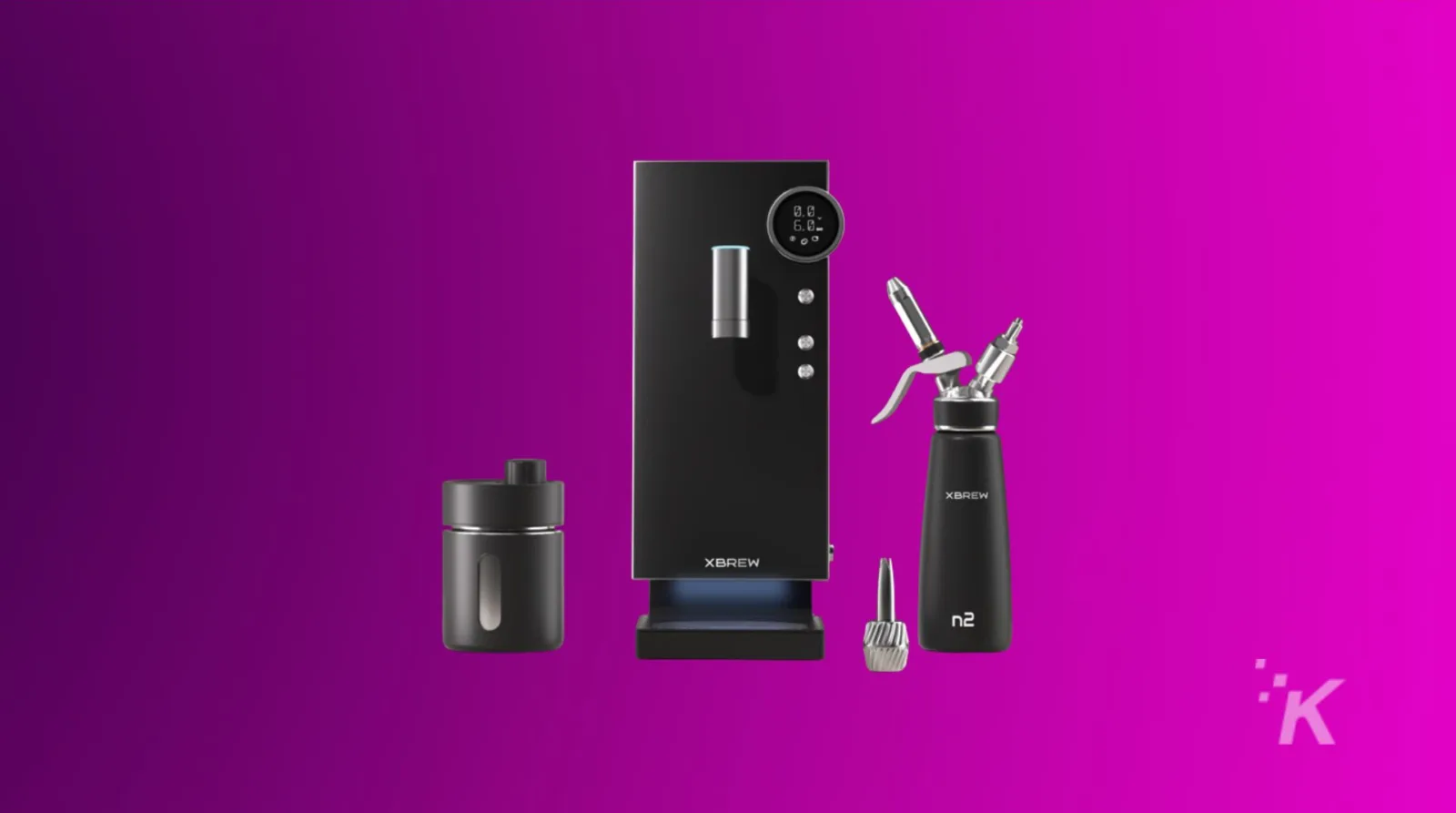 Portable vaporizer device with digital display and accessories on a vibrant purple background.