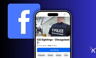 Facebook logo with police officer and ICE sightings group on mobile screen.