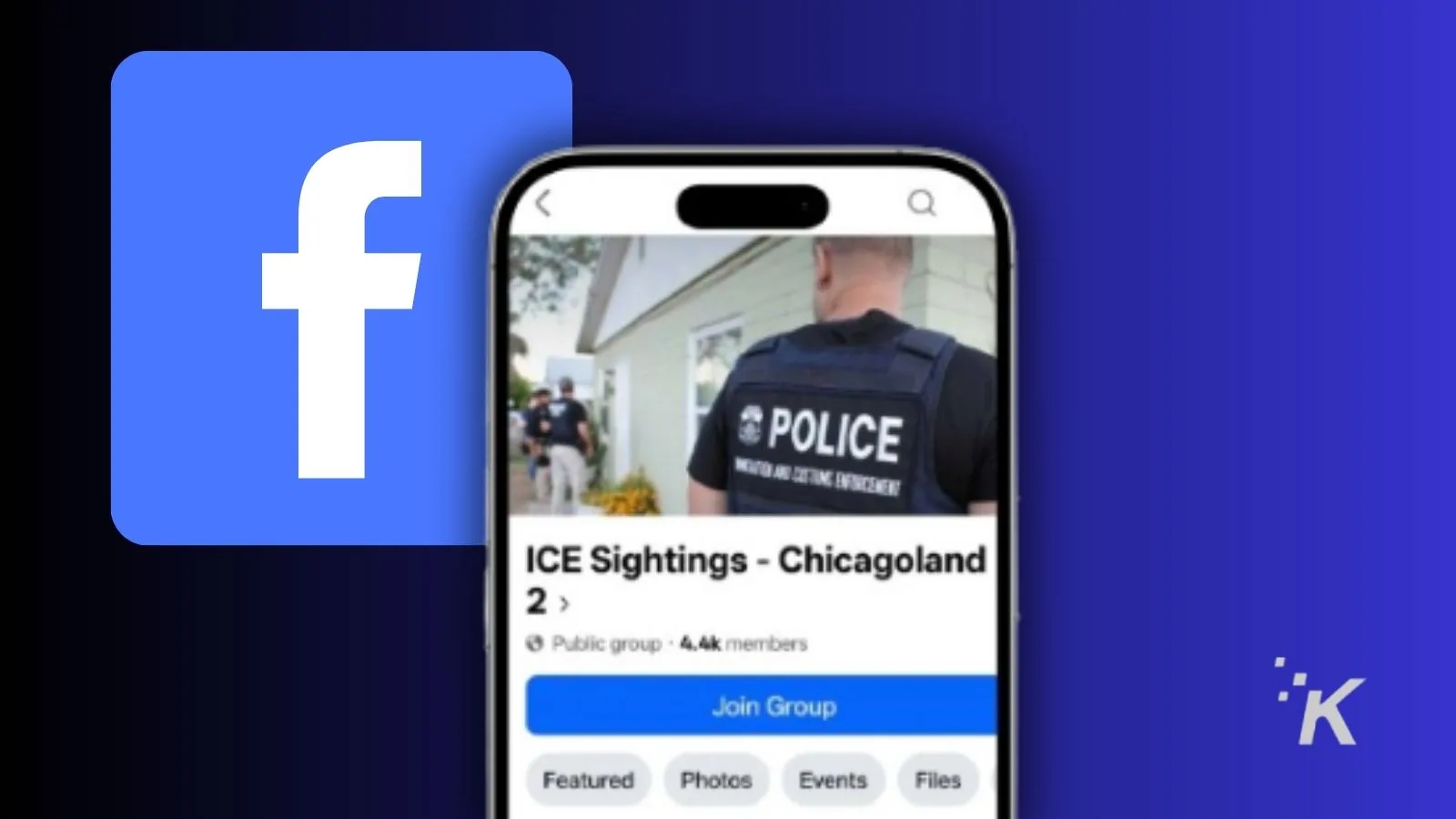Facebook logo with police officer and ICE sightings group on mobile screen.