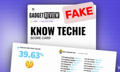 Fake gadget review scorecard with bold text and trust rating, showing a suspicious rating percentage and a thinking emoji, indicating a potentially unreliable or fake tech review.