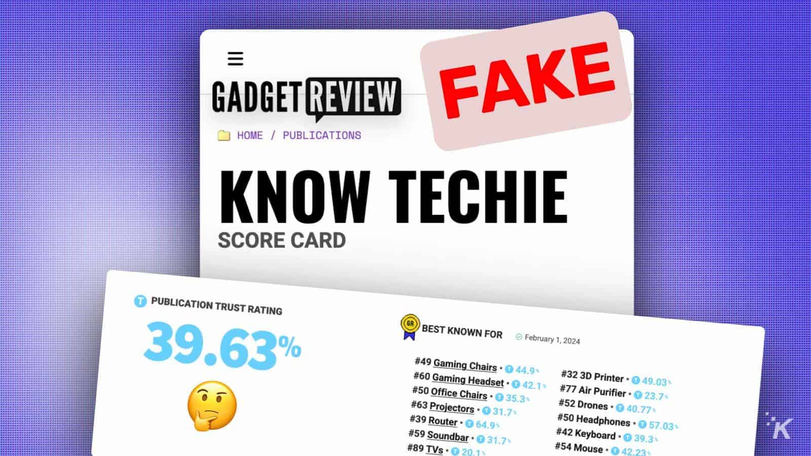 Fake gadget review scorecard with bold text and trust rating, showing a suspicious rating percentage and a thinking emoji, indicating a potentially unreliable or fake tech review.