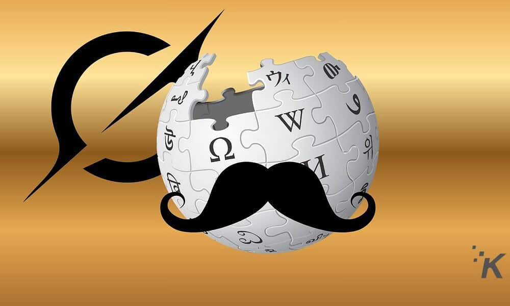 Clown wikipedia puzzle globe with mustache and lightning bolt icon, humorous internet meme, digital art representing knowledge, curiosity, and internet culture, black and white elements on a gold gradient background.