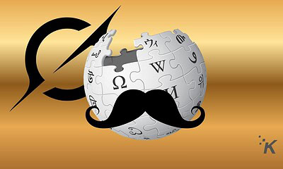 Clown wikipedia puzzle globe with mustache and lightning bolt icon, humorous internet meme, digital art representing knowledge, curiosity, and internet culture, black and white elements on a gold gradient background.