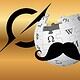 Clown wikipedia puzzle globe with mustache and lightning bolt icon, humorous internet meme, digital art representing knowledge, curiosity, and internet culture, black and white elements on a gold gradient background.