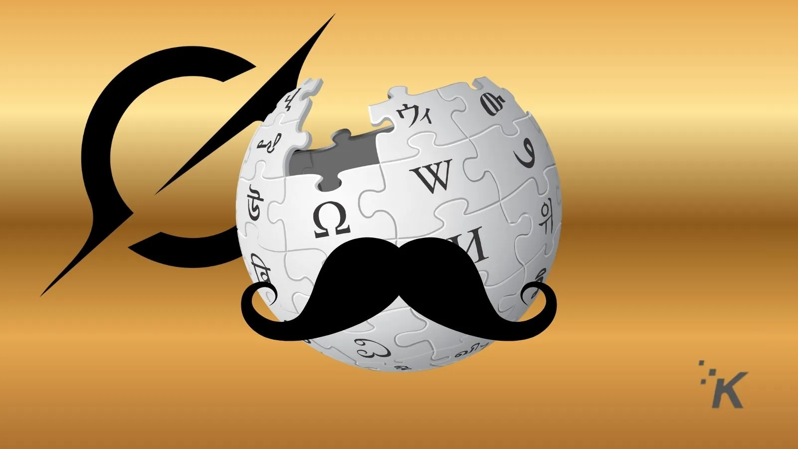 Clown wikipedia puzzle globe with mustache and lightning bolt icon, humorous internet meme, digital art representing knowledge, curiosity, and internet culture, black and white elements on a gold gradient background.