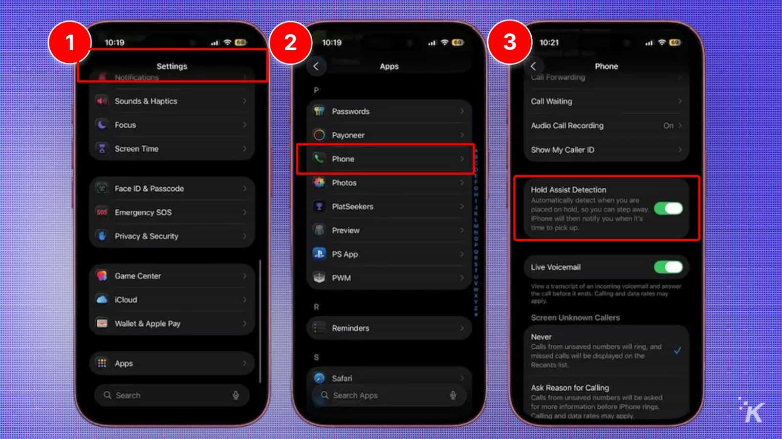 Steps to enable iPhone hold assist detection.