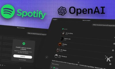 Spotify and openai logos on a digital device screen with music playlist interface and AI connection prompt.
