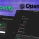 Spotify and openai logos on a digital device screen with music playlist interface and AI connection prompt.
