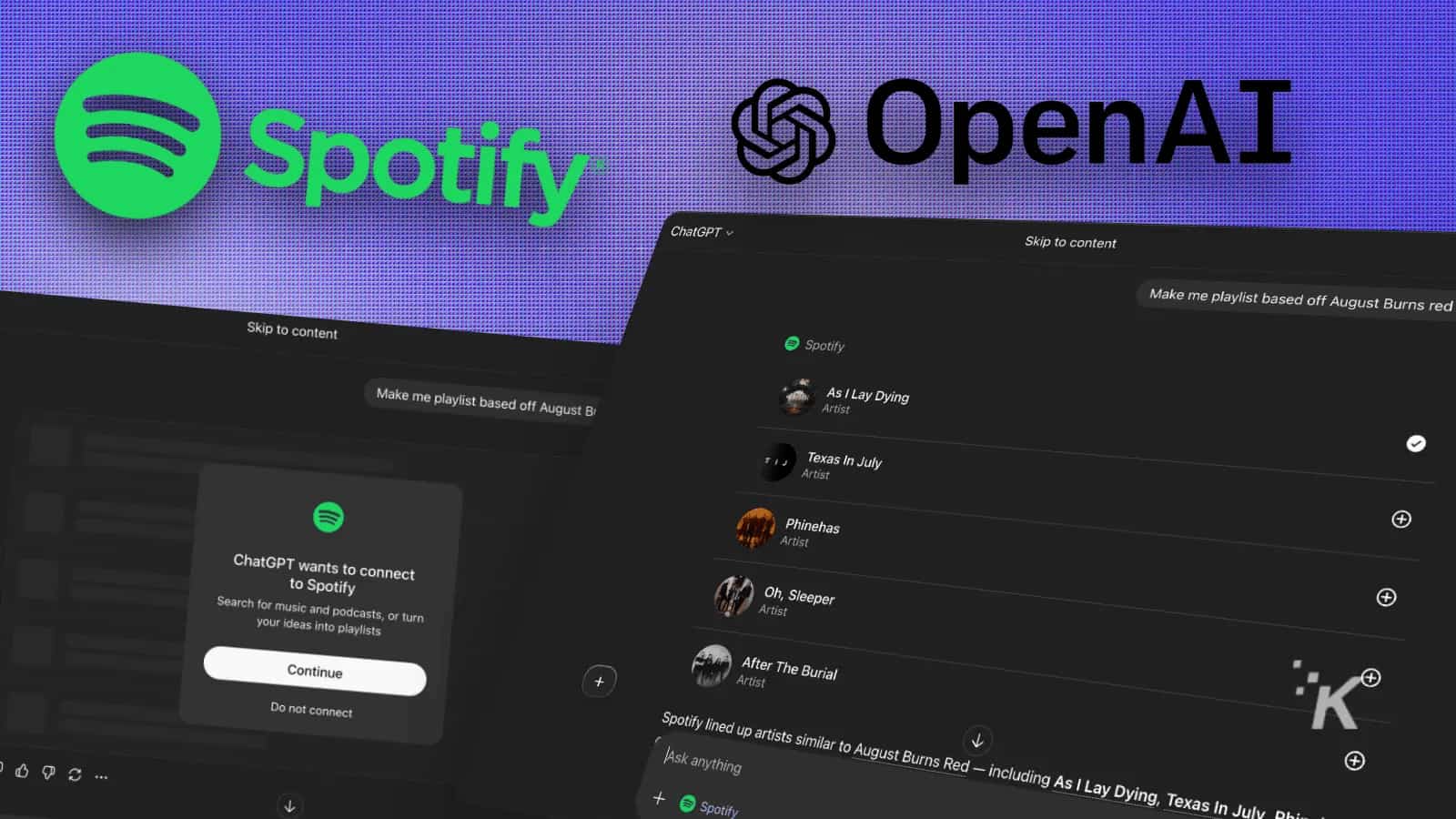 Spotify and openai logos on a digital device screen with music playlist interface and AI connection prompt.