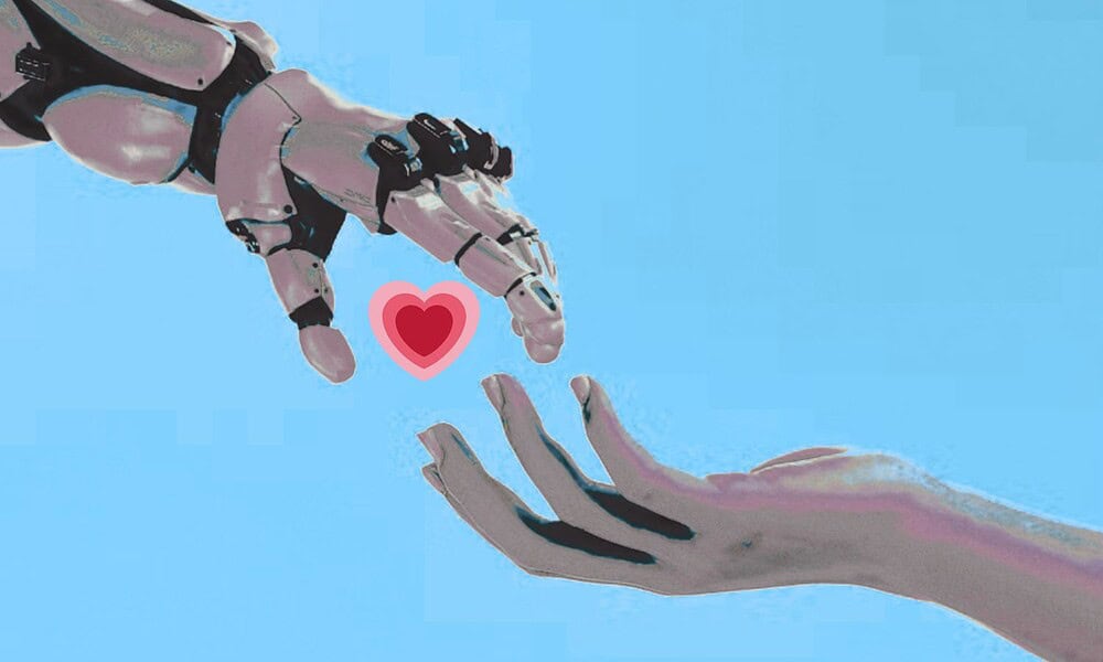 Futuristic robotic hand reaching out to human hand with heart symbol against bright blue sky background.