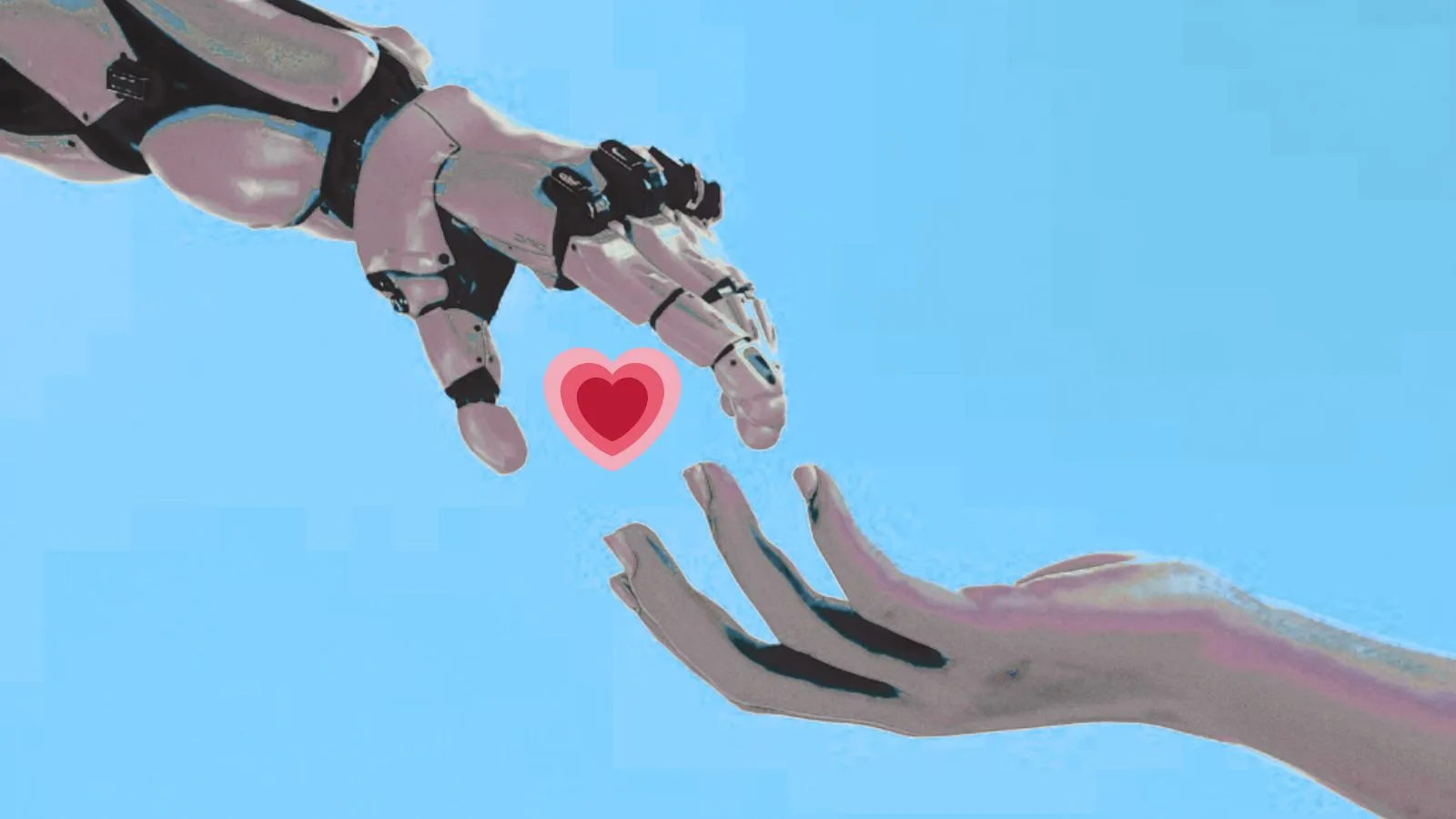 Futuristic robotic hand reaching out to human hand with heart symbol against bright blue sky background.