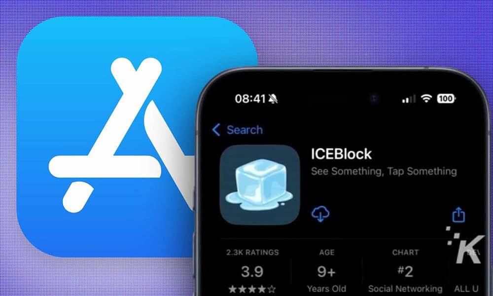 Blue App Store icon with stylized "A" symbol and smartphone screen displaying ICEBlock app interface on a purple gradient background.
