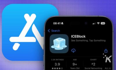 Blue App Store icon with stylized "A" symbol and smartphone screen displaying ICEBlock app interface on a purple gradient background.