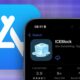Blue App Store icon with stylized "A" symbol and smartphone screen displaying ICEBlock app interface on a purple gradient background.