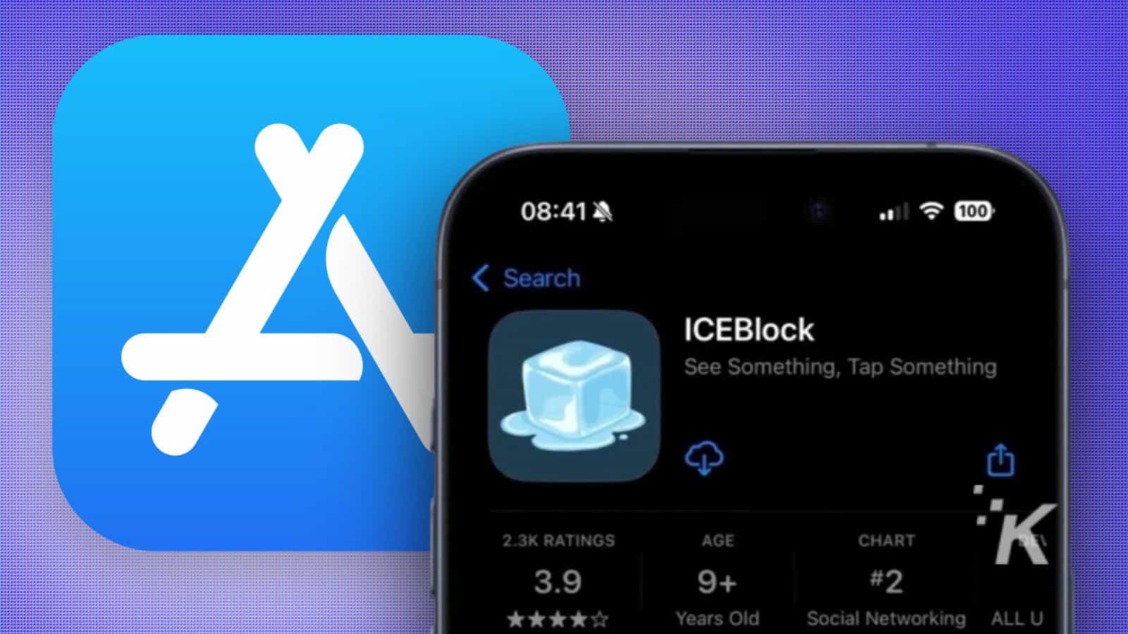 Blue App Store icon with stylized "A" symbol and smartphone screen displaying ICEBlock app interface on a purple gradient background.